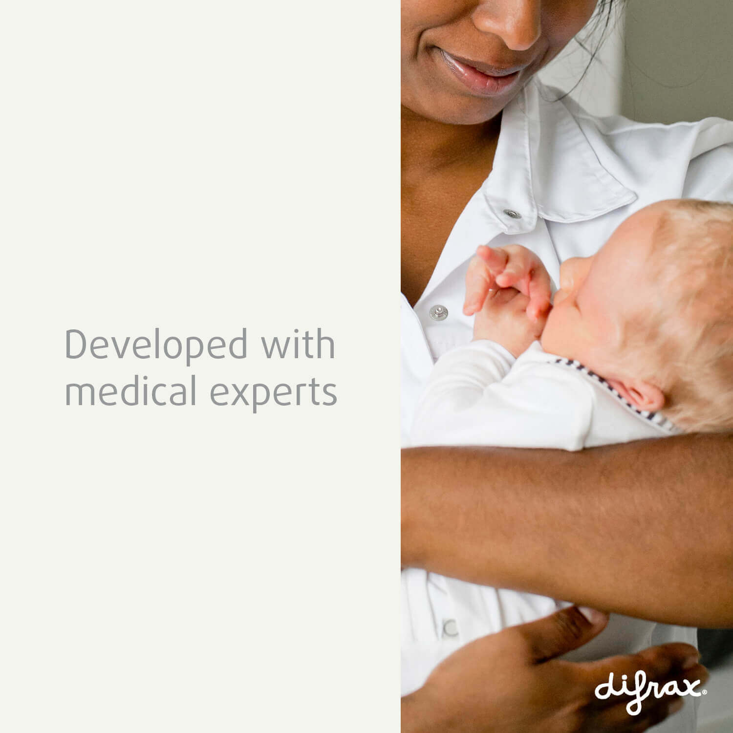 Difrax babyproducten ontwikkeld in samenwerking met medische experts – verpleegkundige houdt pasgeboren baby