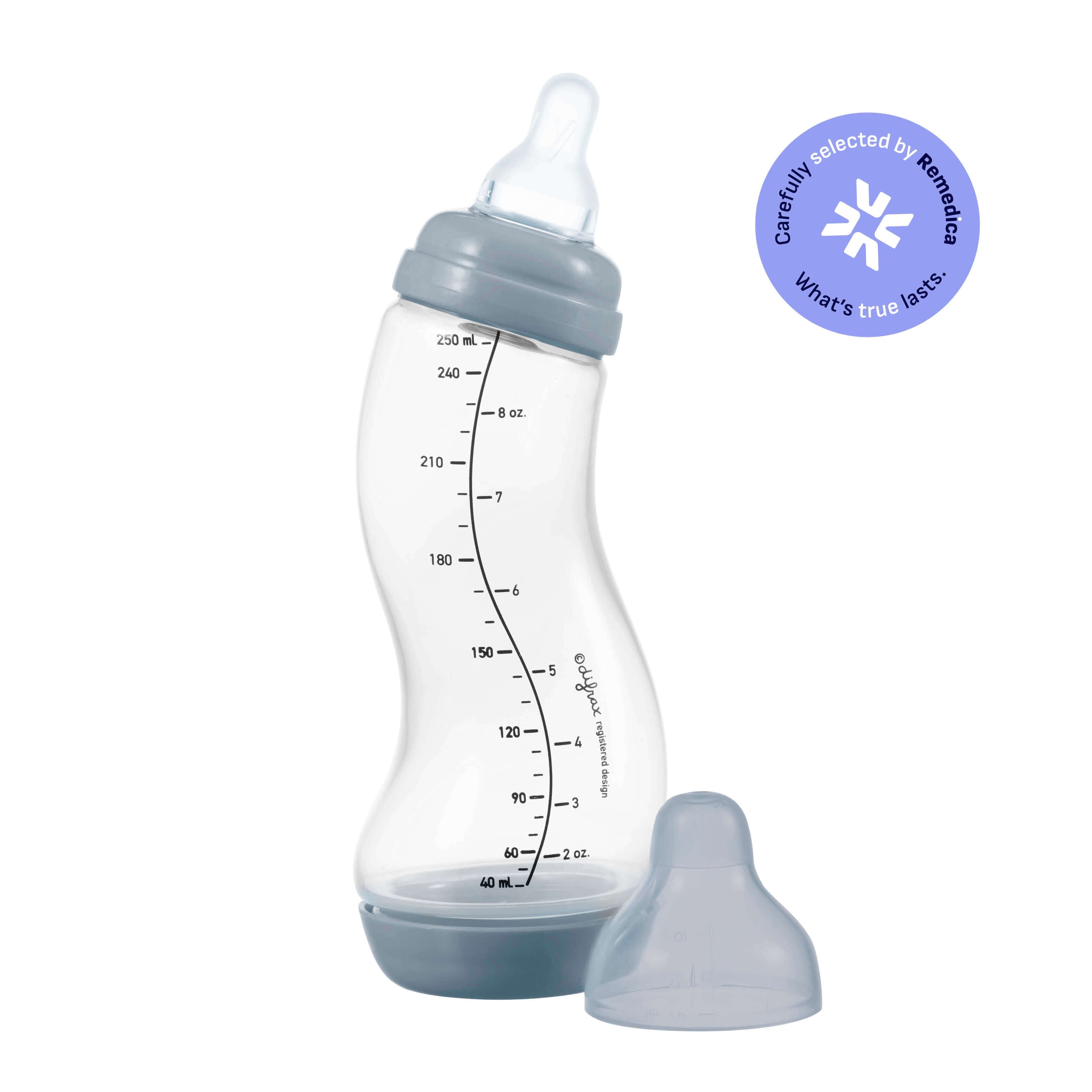 Difrax S-fles 250ml in Stone grijs met ergonomische vorm en anti-colic bodem, voorzien van Remedica kwaliteitscertificering