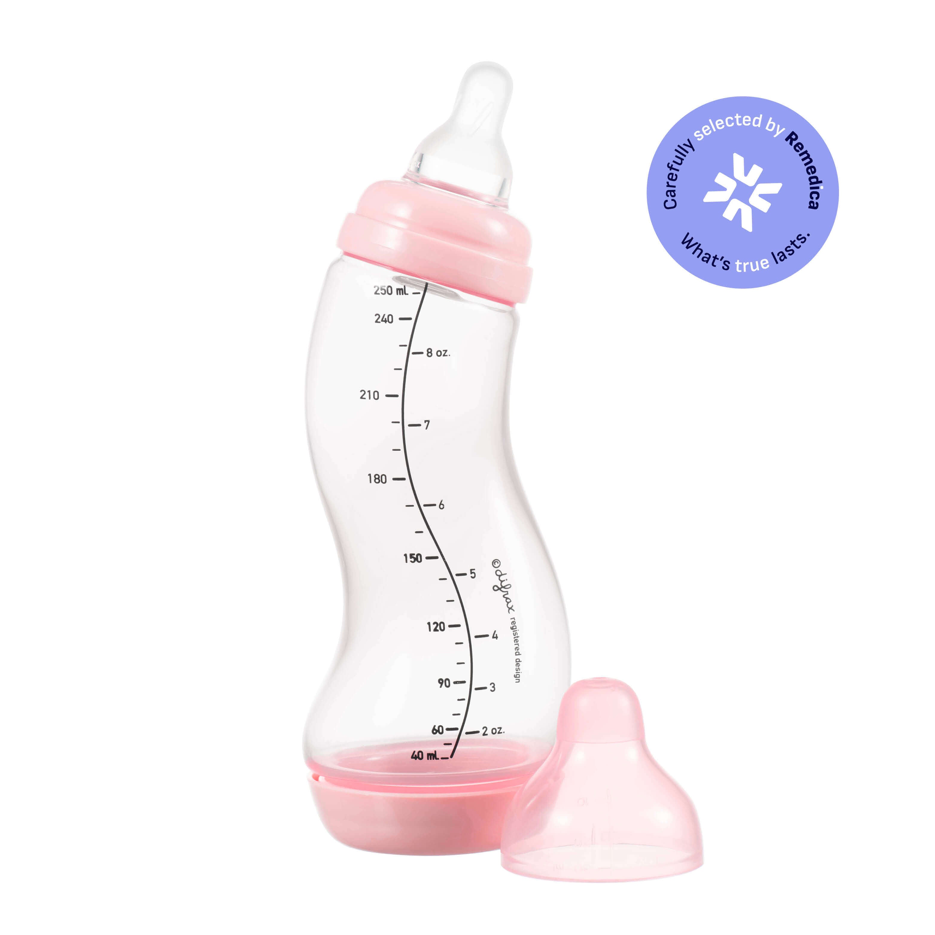 Difrax S-fles 250ml in Pink Opal roze met ergonomische S-vorm en afneembare anti-colic bodem, Remedica gecertificeerd