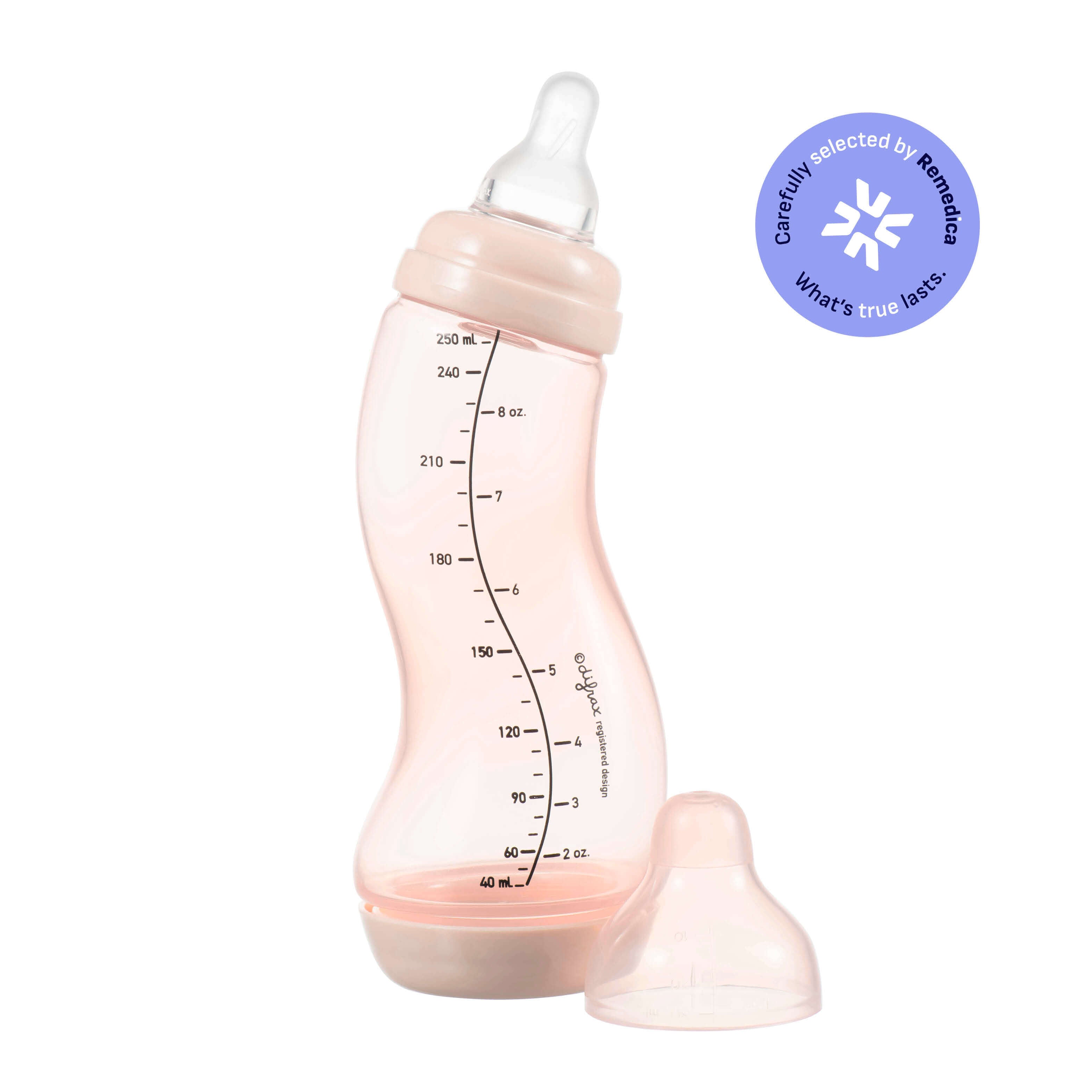 Difrax S-fles 250ml in zachte roze kleur met ergonomische S-vorm, inclusief anti-colic bodem en Remedica kwaliteitscertificering