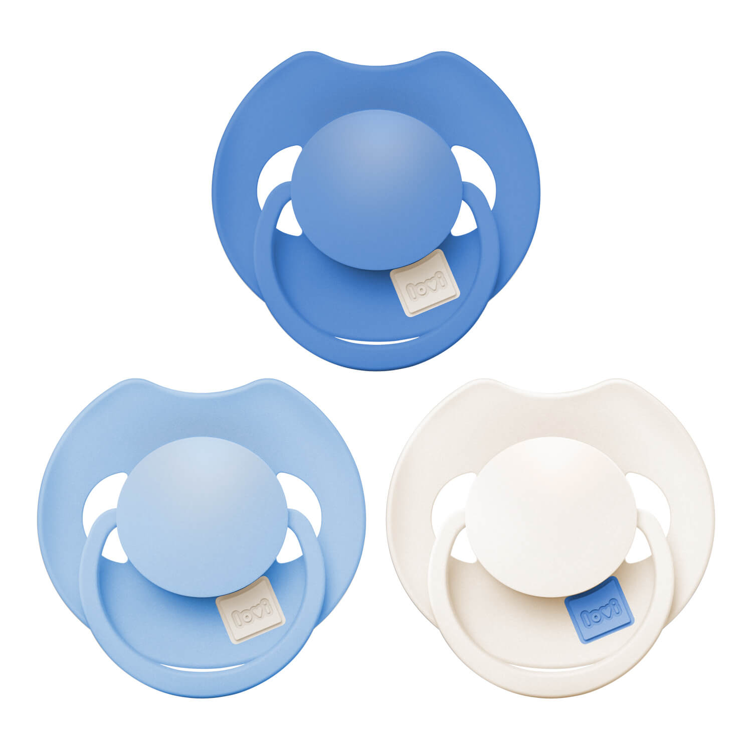 Set van drie Difrax LOVI Dynamic fopspenen 18+ maanden Ultramarine Blue: donkerblauw, lichtblauw en wit, vooraanzicht