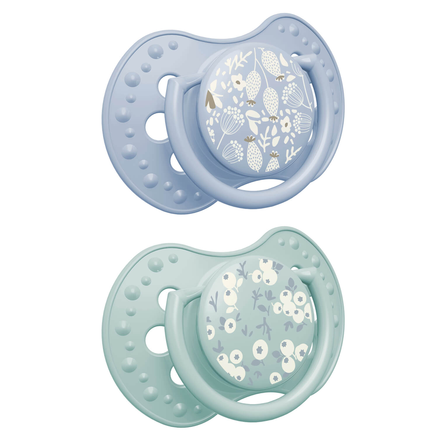Difrax LOVI Blossom Dynamische fopspeen 6-18 maanden, Boy, 2 stuks, siliconen, klein schildje, Glow in the Dark-ring, BPA-vrij