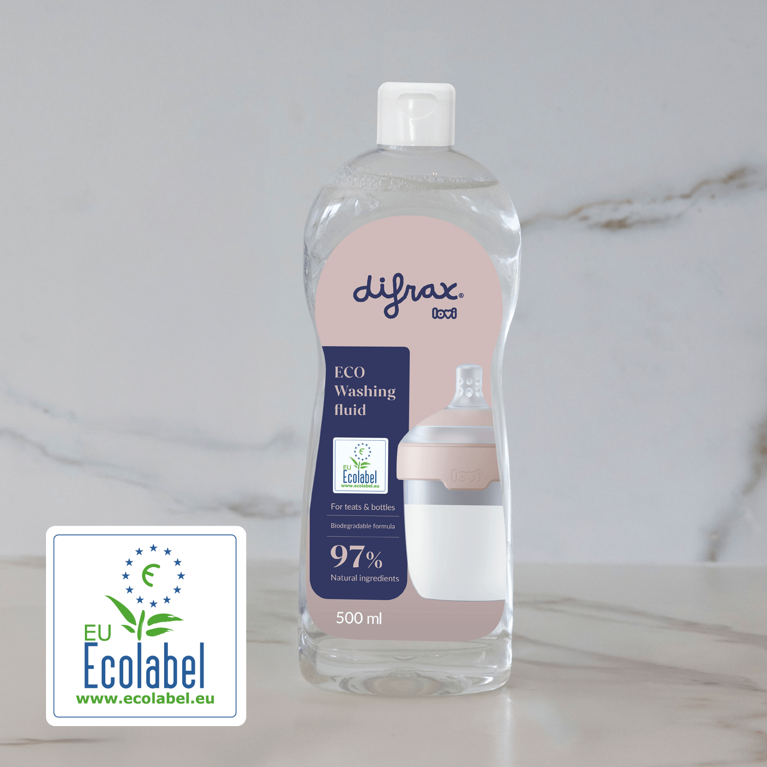 Difrax LOVI Eco afwasmiddel uit de Deluxe Babyset Nude – mild, hypoallergeen en pH-neutraal, met EU Ecolabel voor milieuvriendelijk gebruik op babyflesjes en accessoires.
