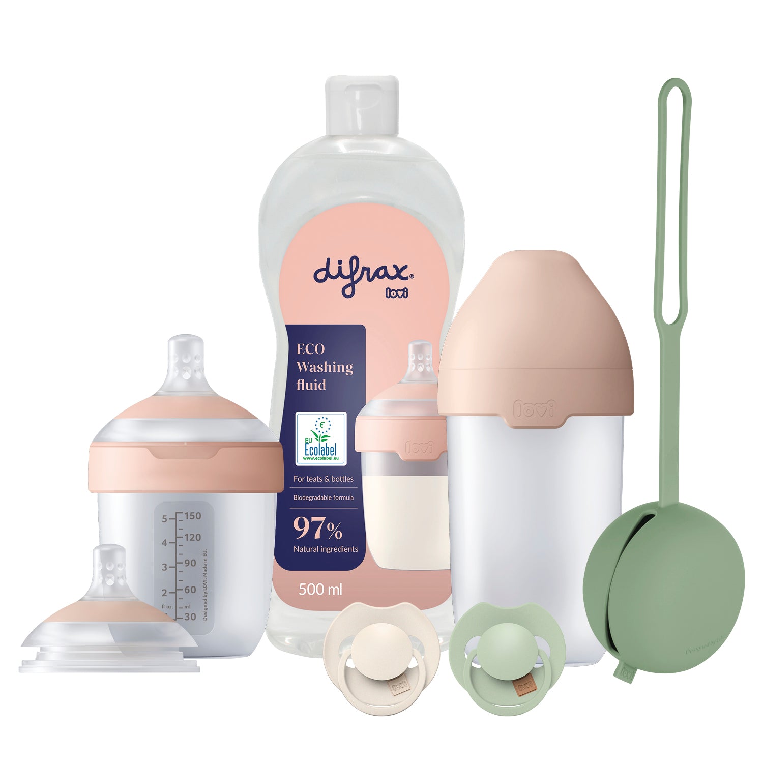 Difrax LOVI Deluxe Babyset in Pistachio – complete set met Mammafeel flessen, flessenspeen, Prime fopspeen, siliconen fopspeenhouder en Eco afwasmiddel voor natuurlijk en comfortabel voeden.