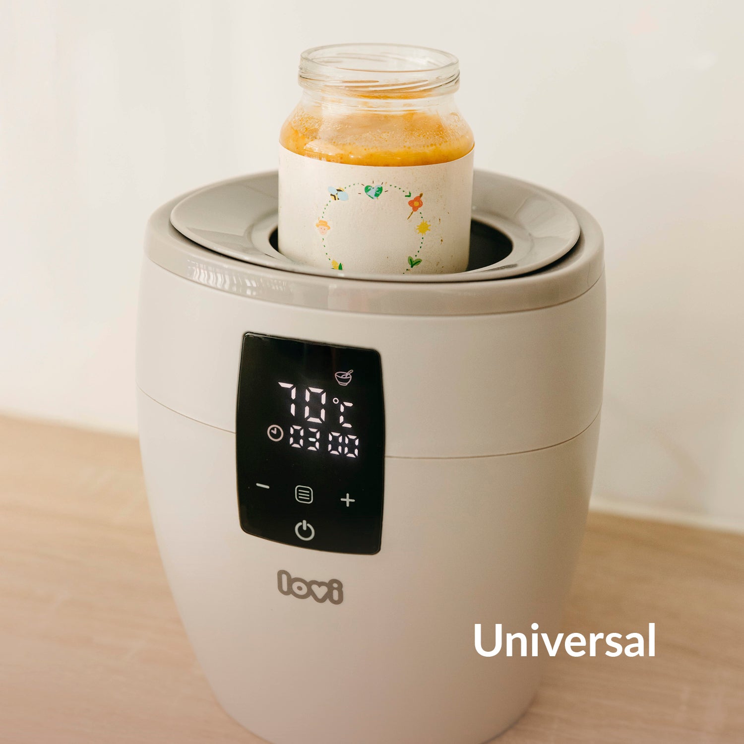 Difrax LOVI flessenwarmer met potje babyvoeding – universeel ontwerp geschikt voor verschillende formaten flessen en potjes, voor veilig en gelijkmatig opwarmen.