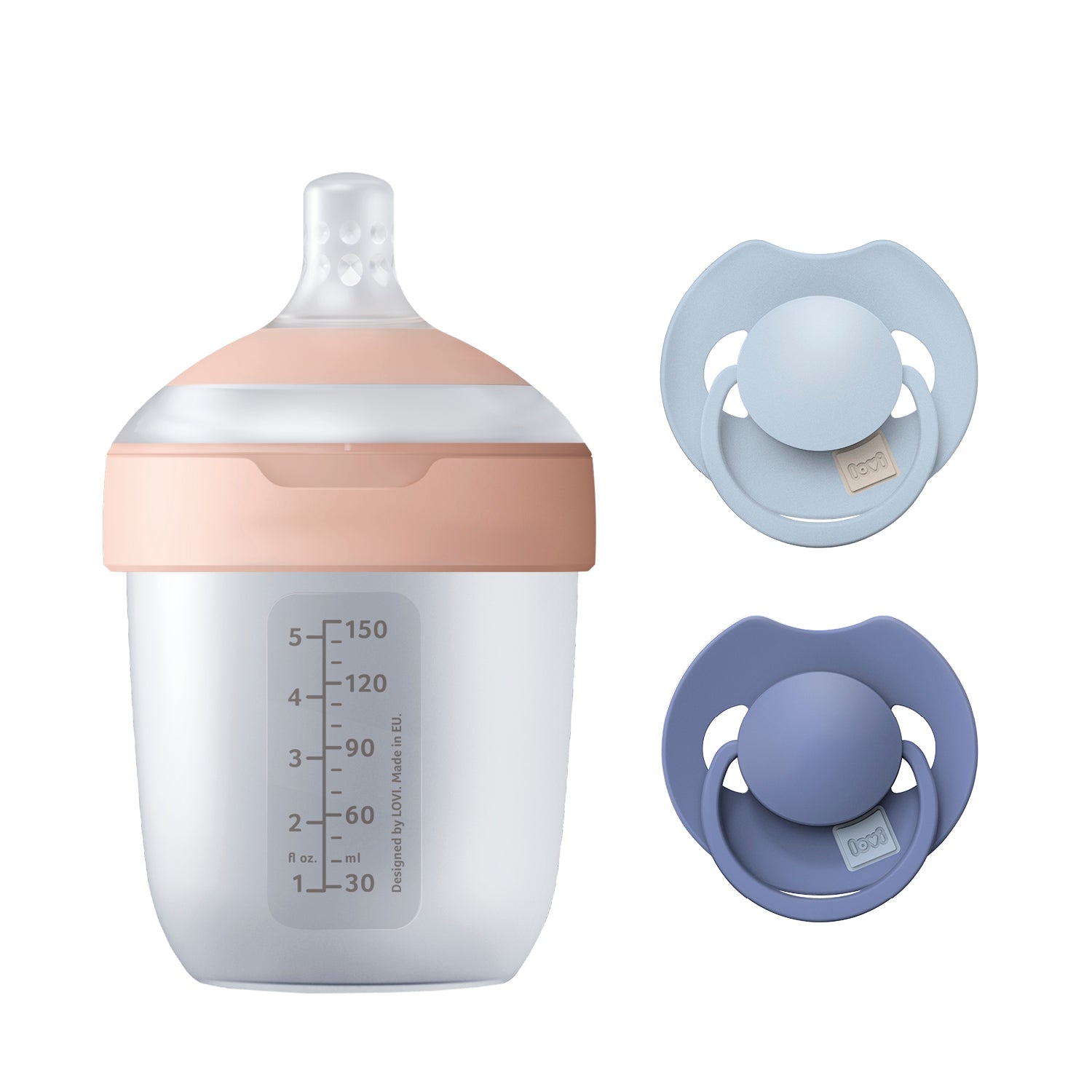 Difrax LOVI Mijn Eerste Babyset met Mammafeel fles 150ml en Prime fopspeen duopack 0-6 maanden in Baby Blue / Blue, ideaal kraamcadeau voor jonge ouders