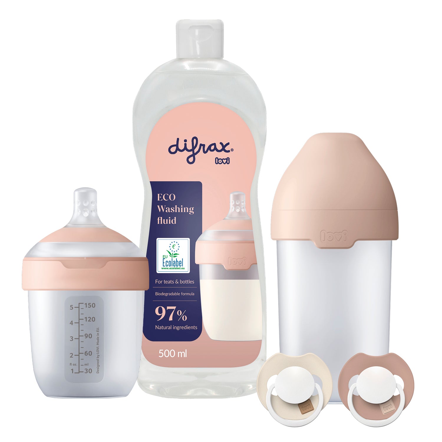 Difrax LOVI Newborn Starterset met grote en kleine Mammafeel-fles, twee spenen en ecologisch afwasmiddel 500 ml