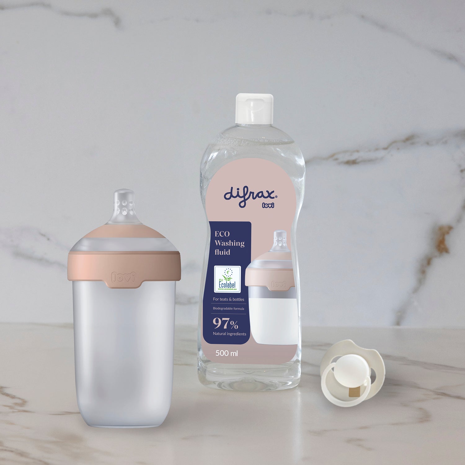 Difrax LOVI Newborn Starterset met Mammafeel-fles, Prime Glow-speen en ecologisch afwasmiddel 500 ml