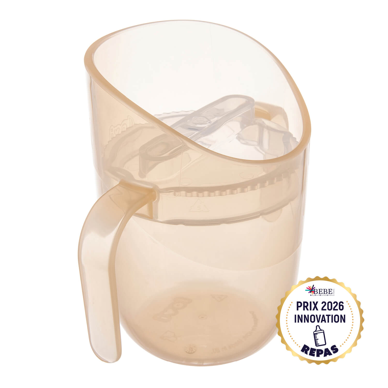 Difrax LOVI Genius Cup in de kleur Nude gezien vanaf de zijkant, winnaar van de Prix 2026 Innovation Award, ontworpen voor kinderen vanaf 6 maanden om zelfstandig te leren drinken met een natuurlijke, veilige drinkhouding.