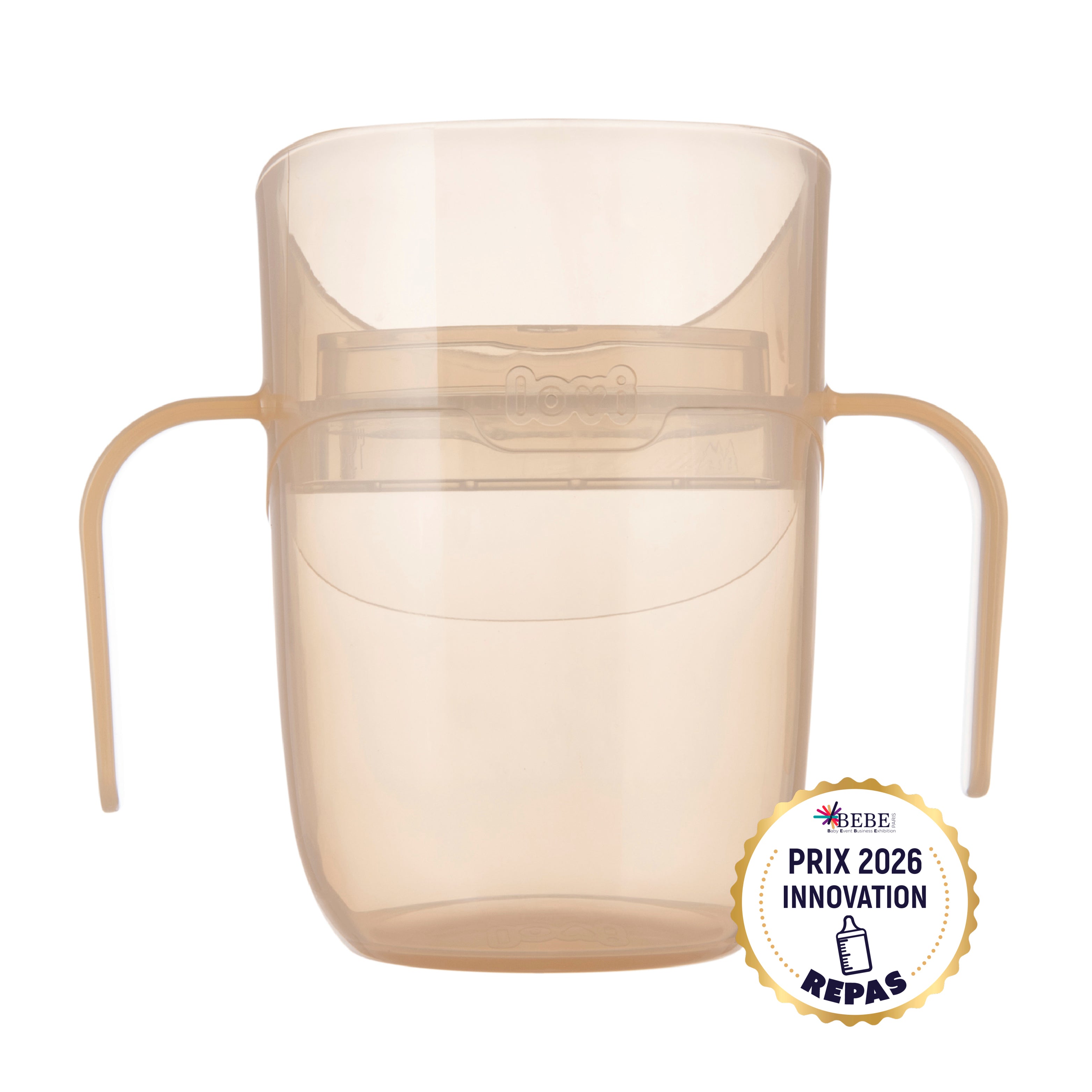 Difrax LOVI Genius Cup in de kleur Nude met Prix 2026 Innovation Award, ideaal voor kinderen vanaf 6 maanden om zelfstandig te leren drinken. Voorzien van slow-flow inzetstuk, ergonomische handvatten en ontworpen voor een natuurlijke, veilige drinkhouding.