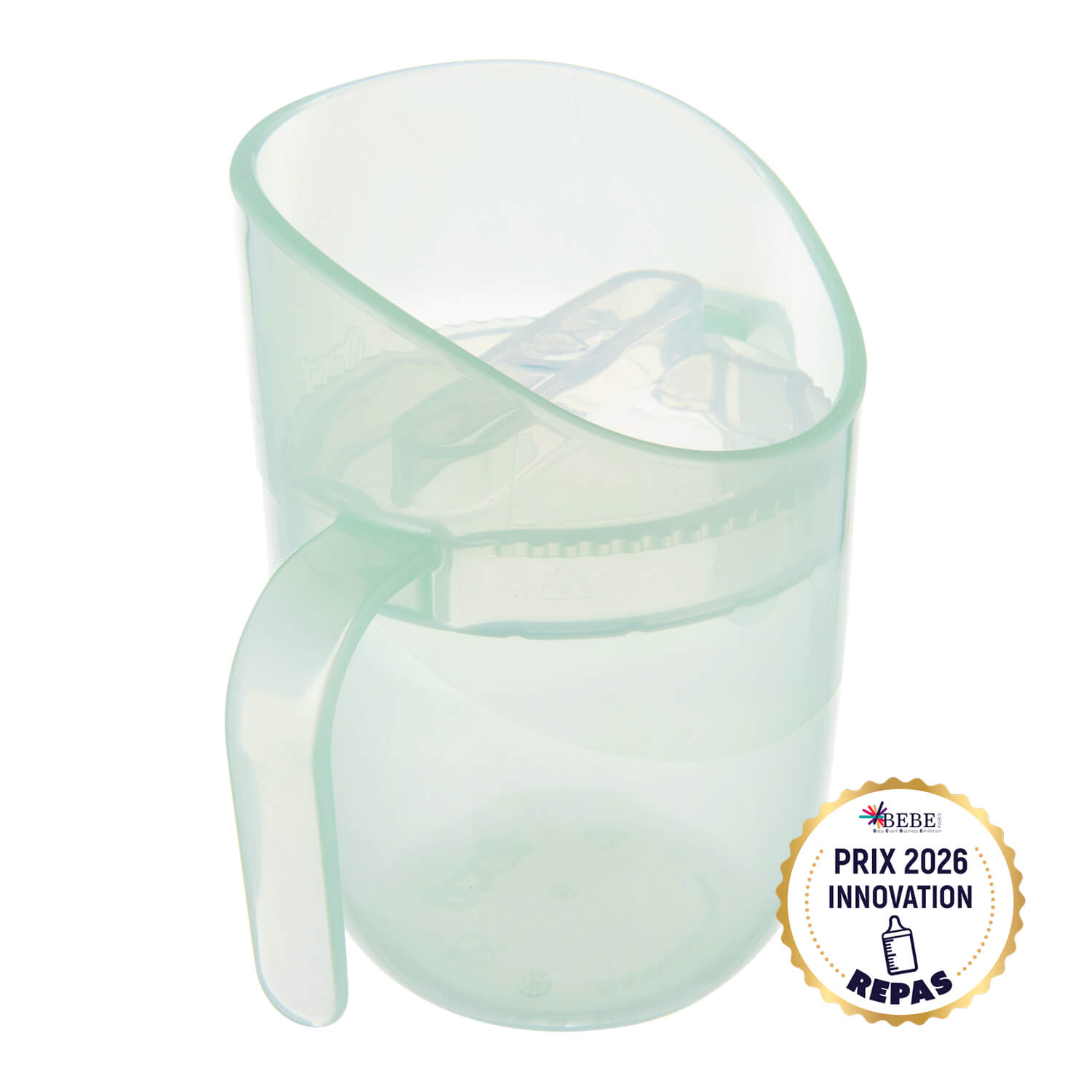 Difrax LOVI Genius Cup in de kleur Pistachio gezien vanaf de zijkant, winnaar van de Prix 2026 Innovation Award, ontworpen voor kinderen vanaf 6 maanden om zelfstandig te leren drinken met een natuurlijke, veilige drinkhouding.