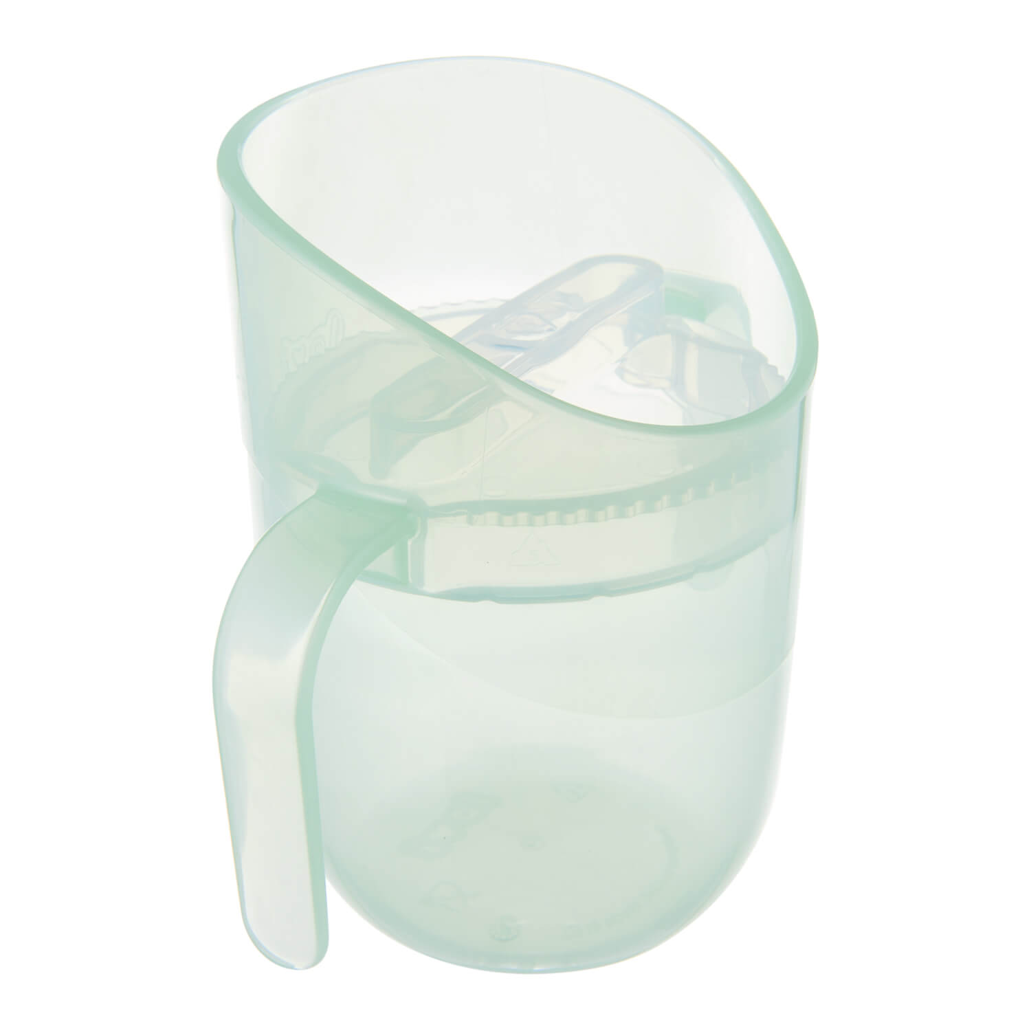 Difrax LOVI Genius oefenbeker in pistachio kleur met inzetstuk zichtbaar – ontworpen voor gecontroleerd drinken en optimale grip