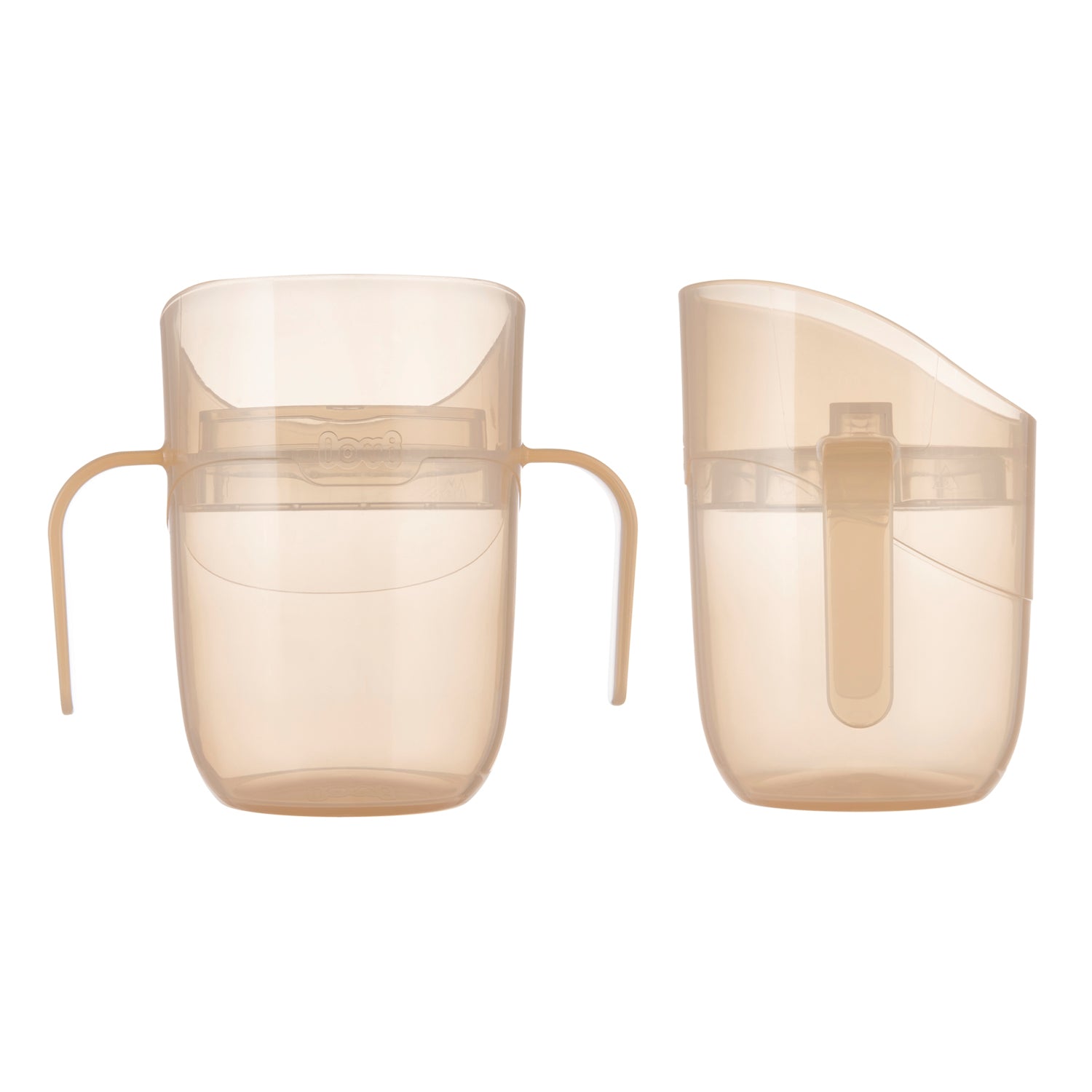 Difrax LOVI Genius oefenbeker gezien van voren, met afsluitdop en kindvriendelijk ontwerp in nude