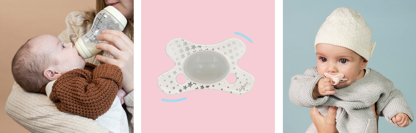 baby drinkt fles melk en een baby met difrax fopspennen