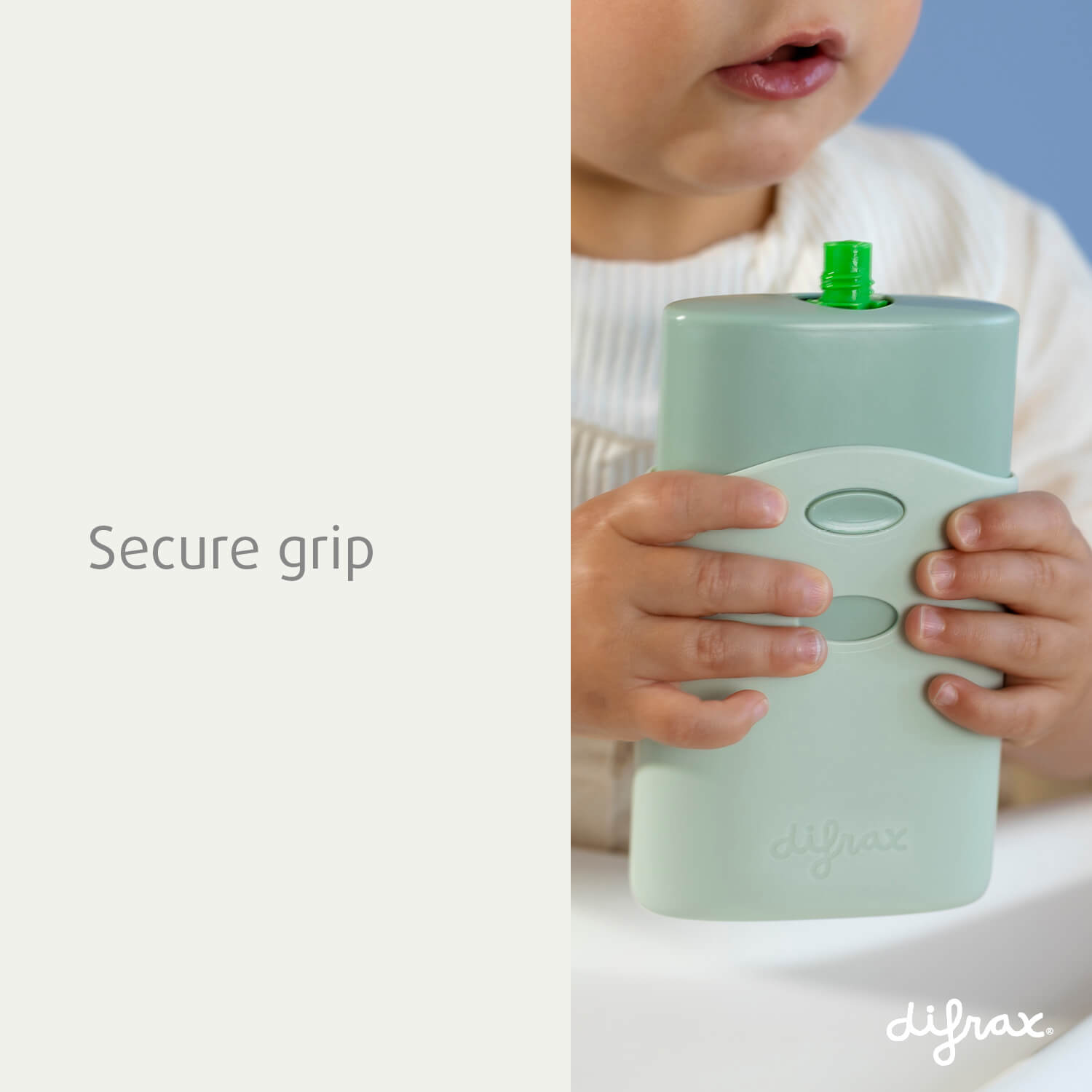 Close-up van kinderhanden die Difrax Pouchholder stevig vasthouden, tekst "Secure grip" benadrukt veilige ergonomische grip