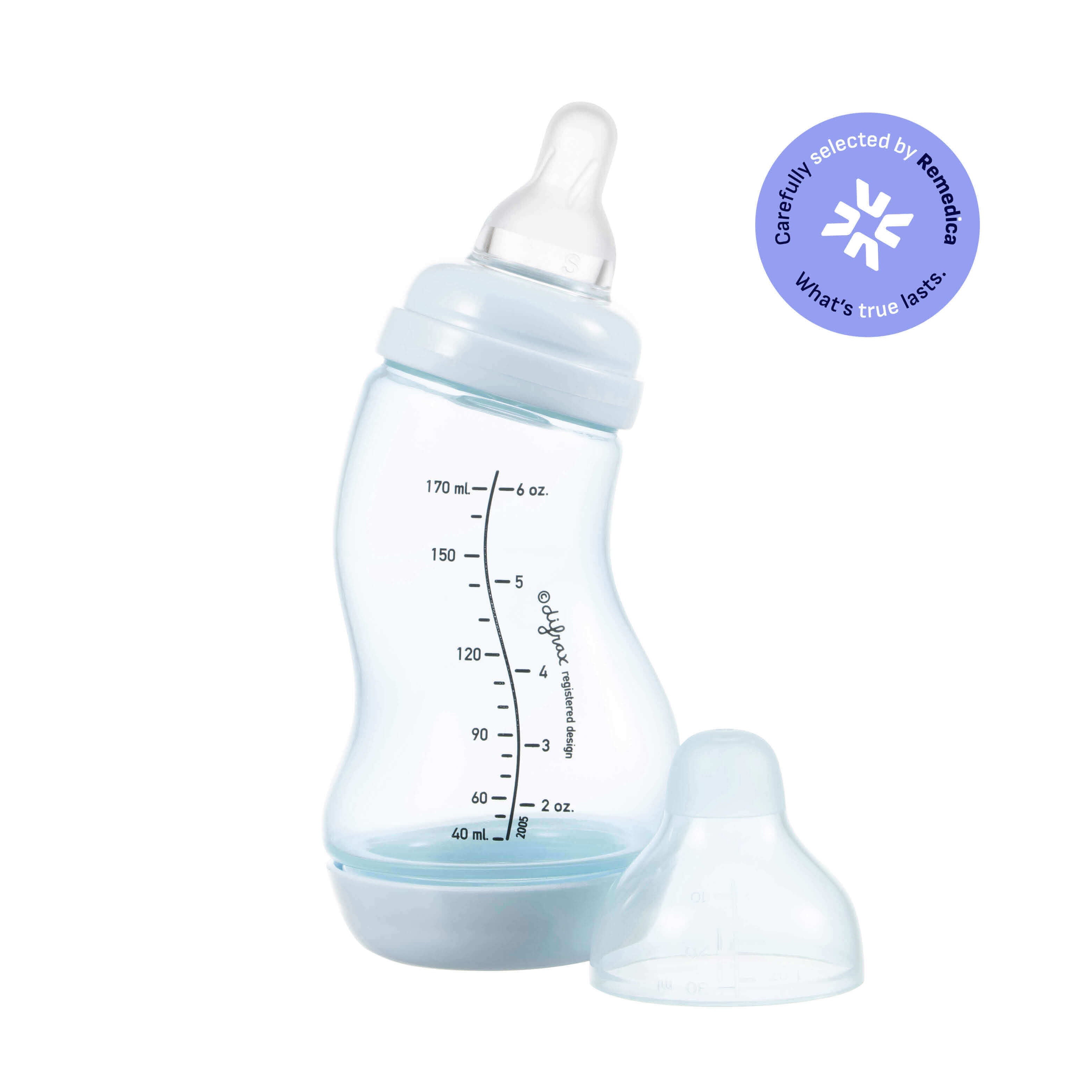 Difrax S-fles 170ml in ijsblauw met transparante speen en anti-colic bodem, voorzien van Remedica kwaliteitskeurmerk