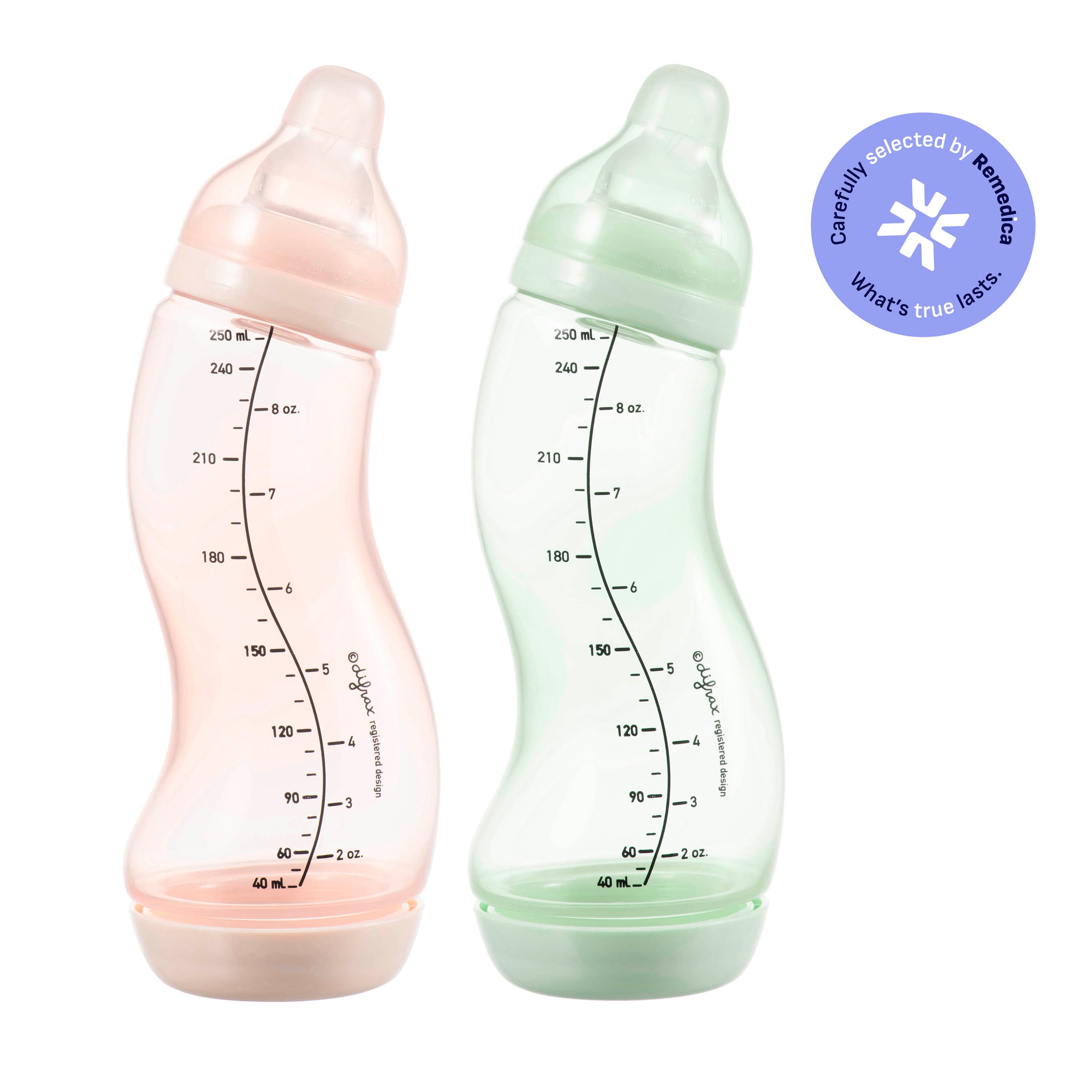 Difrax S-fles 250ml duopack in Blossom roze en Pistachio groen, twee gekleurde babyflessen met S-vorm en anti-colic functie, Remedica goedgekeurd