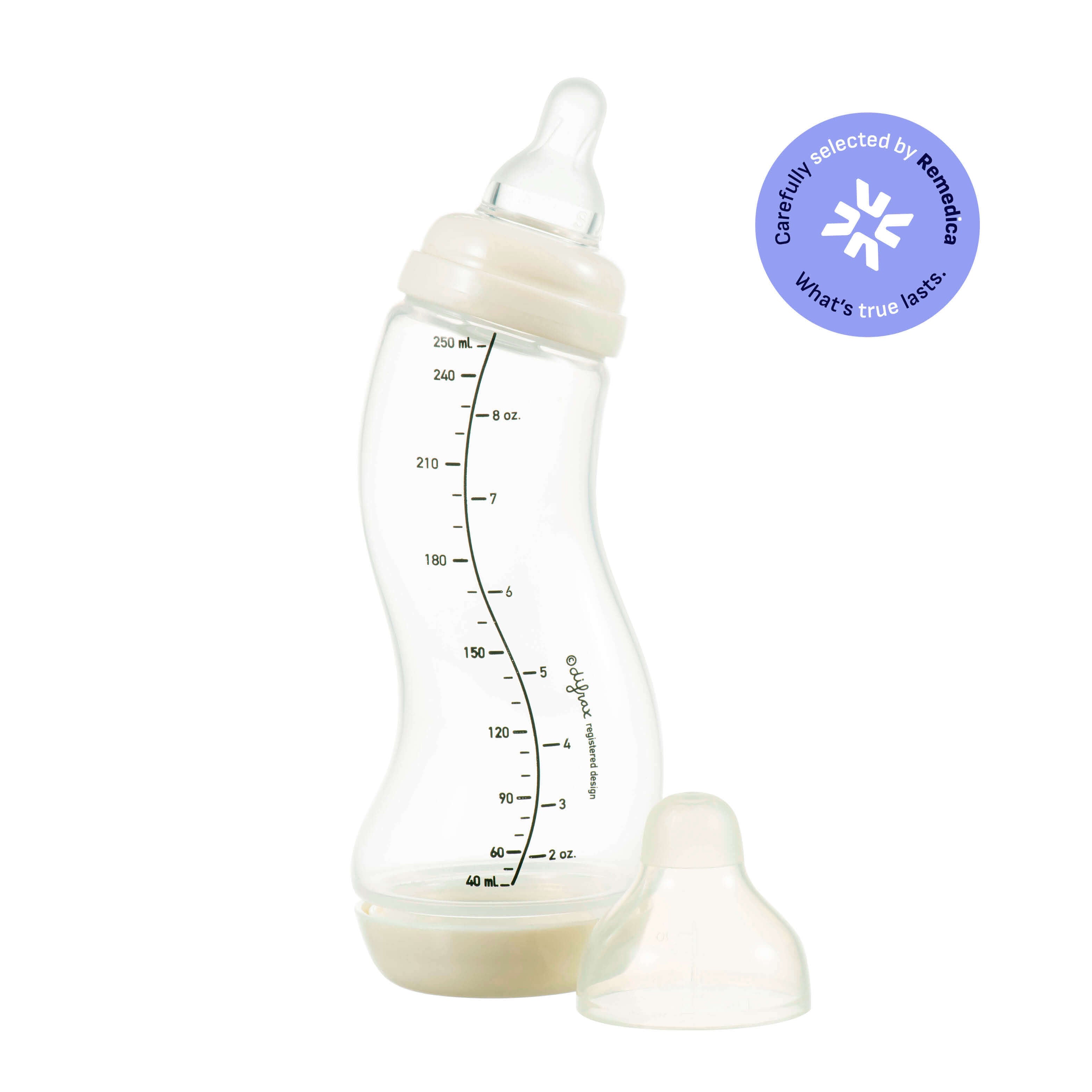 Difrax S-fles 250ml in ivoorkleur met natuurlijke speen en ergonomische vorm, inclusief anti-colic bodem en Remedica certificering