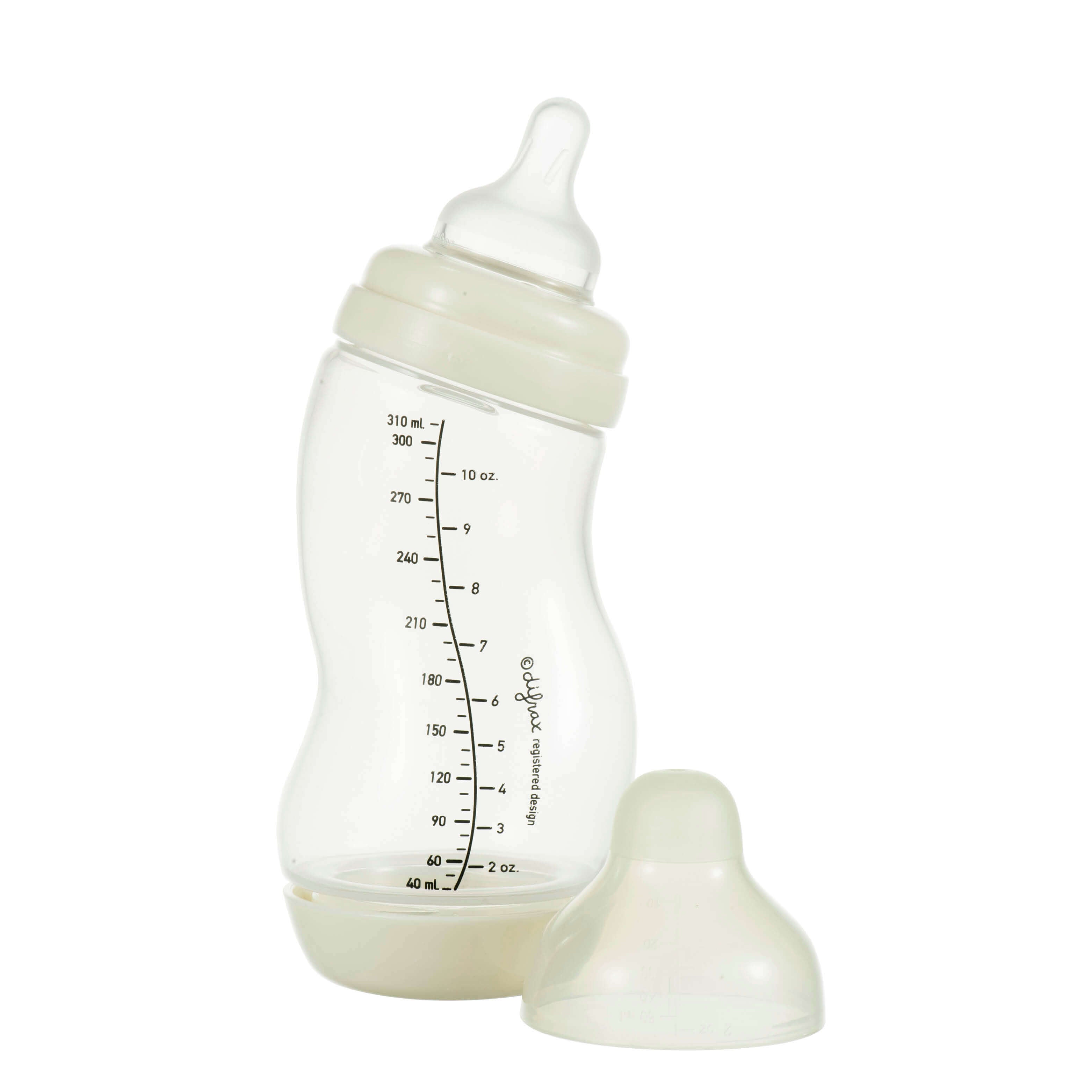 Difrax S-fles 310ml in Ivory met ergonomische S-vorm, duidelijke volumemaatverdeling en afneembare anti-colic bodem