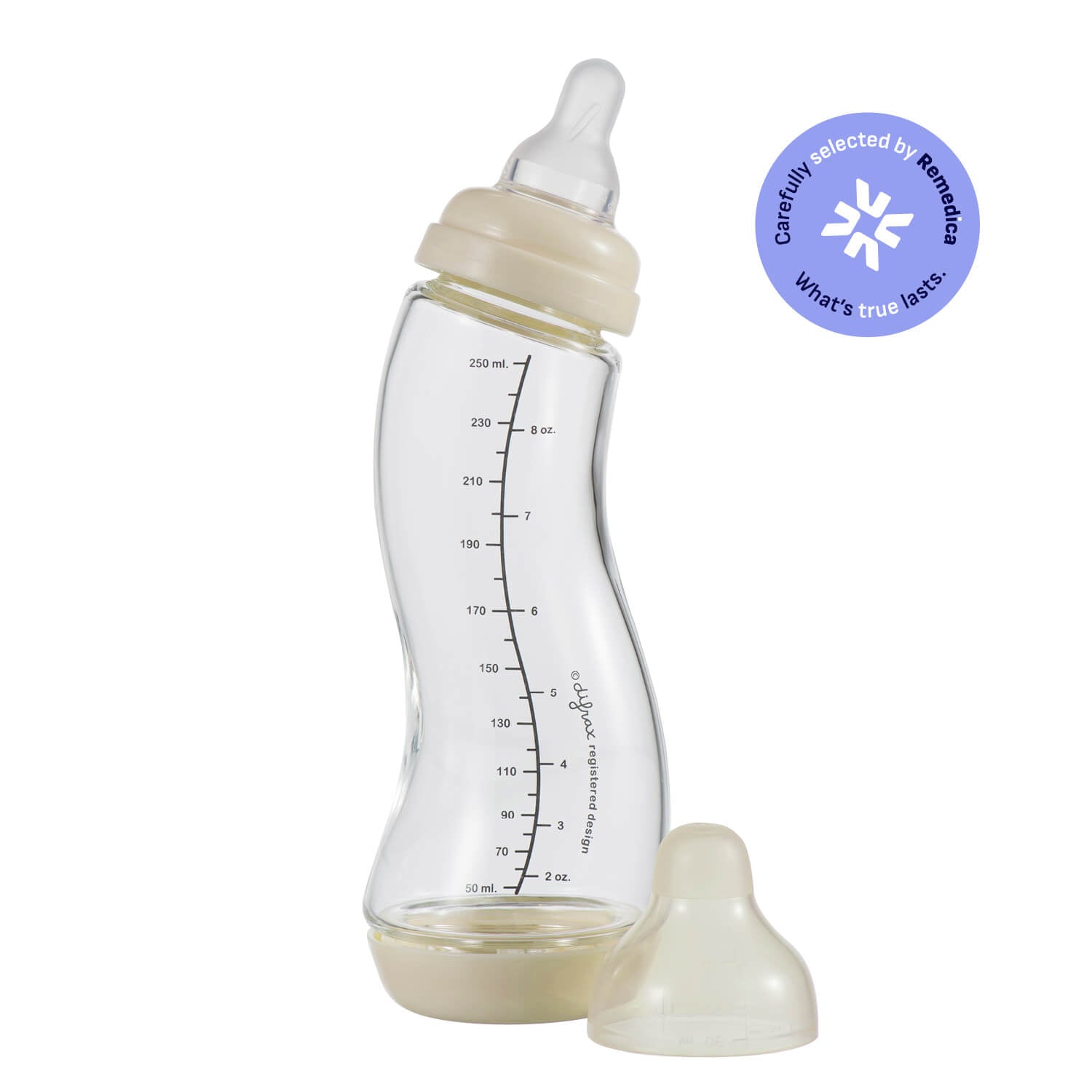 Difrax S-fles glas 250ml in kleur Ice - ergonomische glazen babyfles met anti-koliek systeem, inclusief siliconen speen en beschermkap