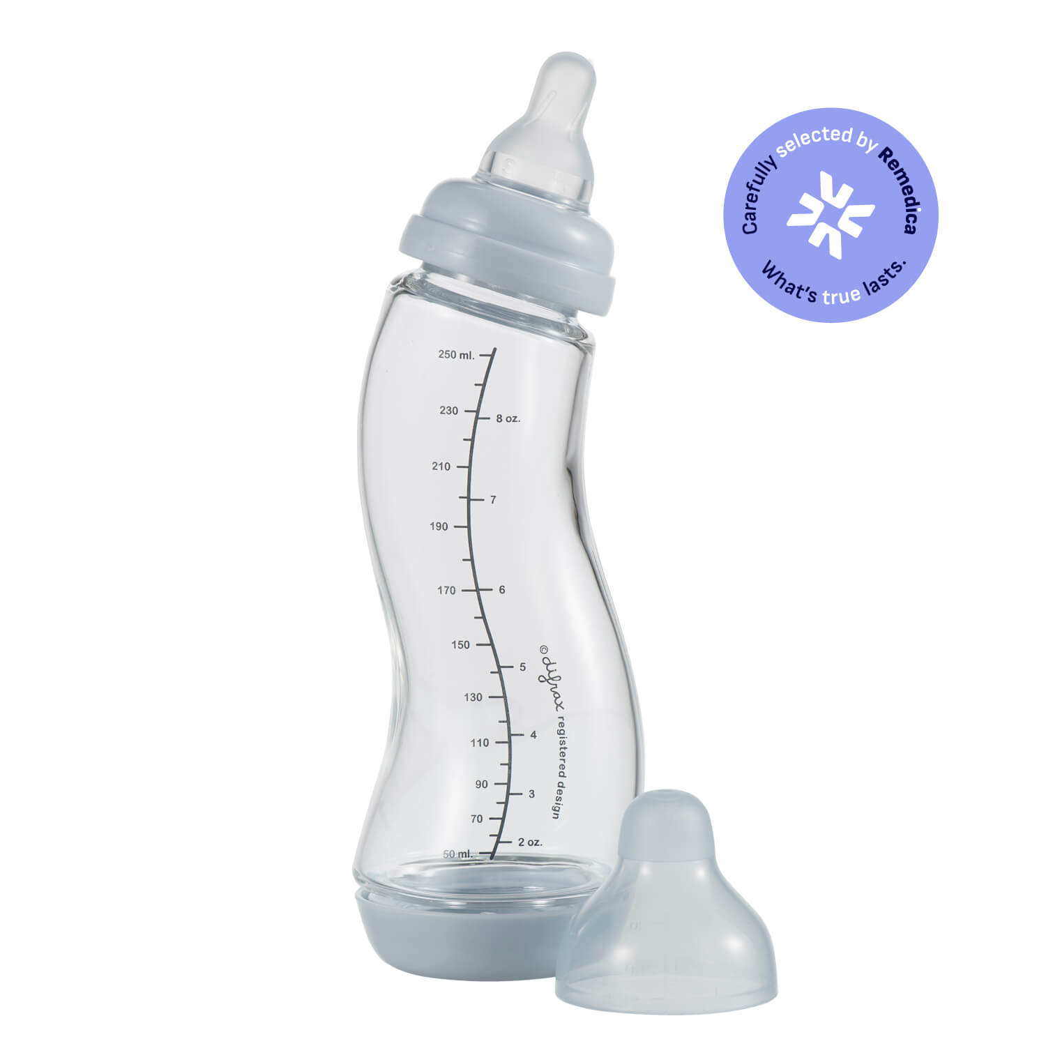 Difrax S-fles glas 250ml in kleur Popcorn - ergonomische glazen babyfles met anti-koliek systeem, inclusief siliconen speen en beschermkap
