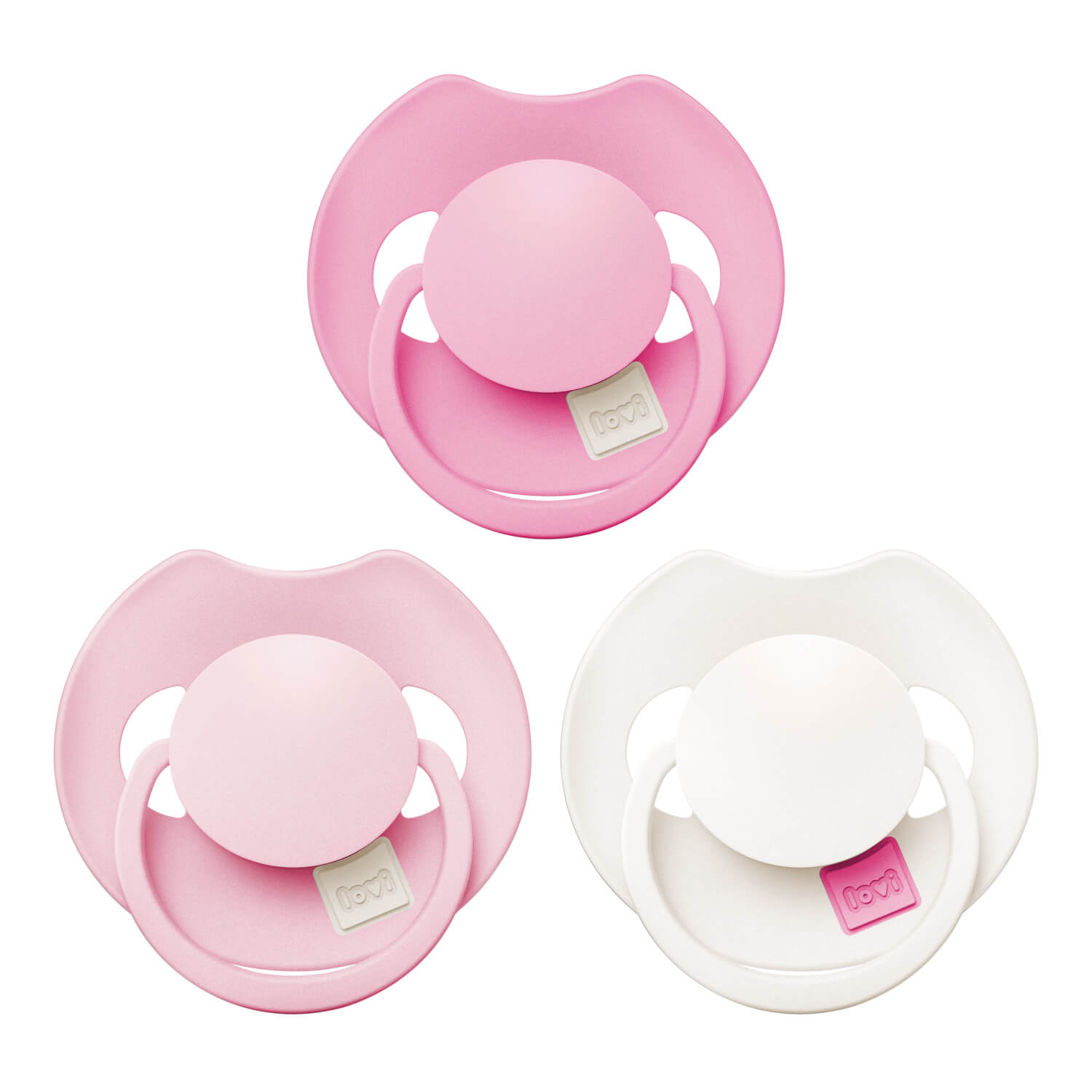 Set van drie LOVI Dynamic fopspenen 0–6 maanden Peony Pink: roze, lichtroze en wit, vooraanzicht