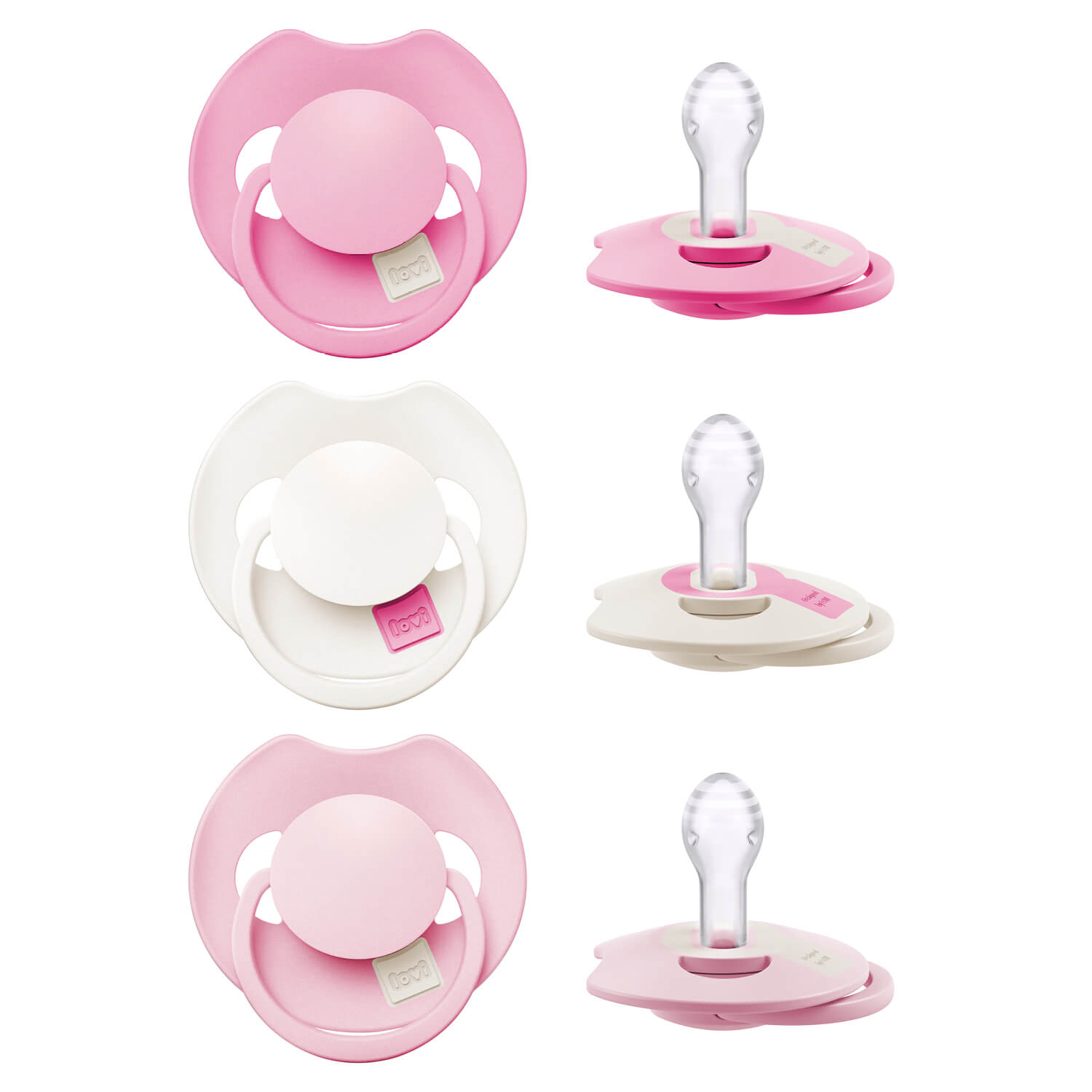 Drie LOVI Dynamic fopspenen 0–6 maanden Peony Pink in voor- en zijaanzicht met zichtbare siliconen speen