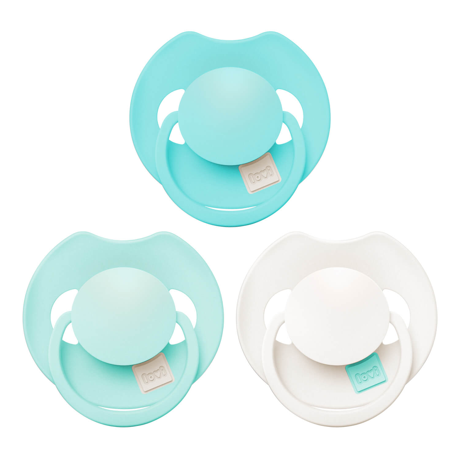 Set van drie Difrax LOVI Dynamic fopspenen 6-18 maanden Aqua Green: aqua, mintgroen en wit, vooraanzicht