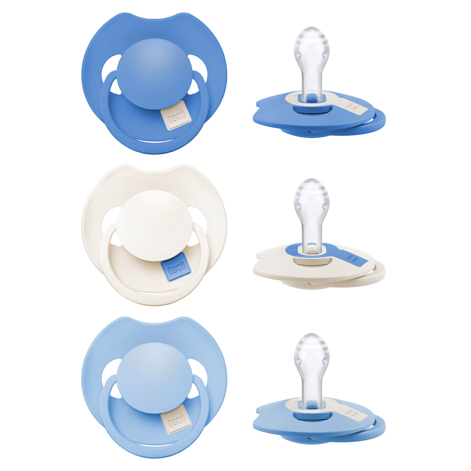 Drie Difrax LOVI Dynamic fopspenen 18+ maanden Ultramarine Blue in voor- en zijaanzicht met zichtbare siliconen speen