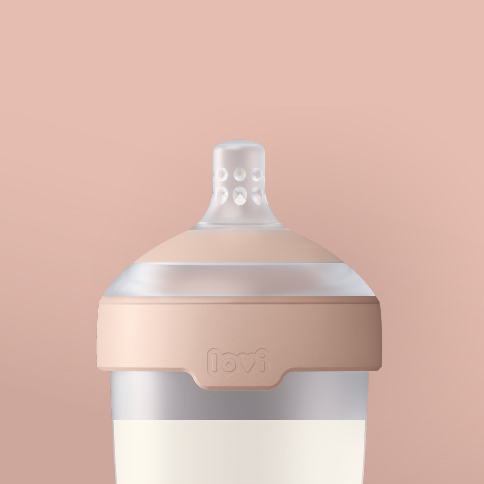 Difrax Lovi Mammafeel babyfles met focus op flessenspeen. # spots met uiteg over de speen