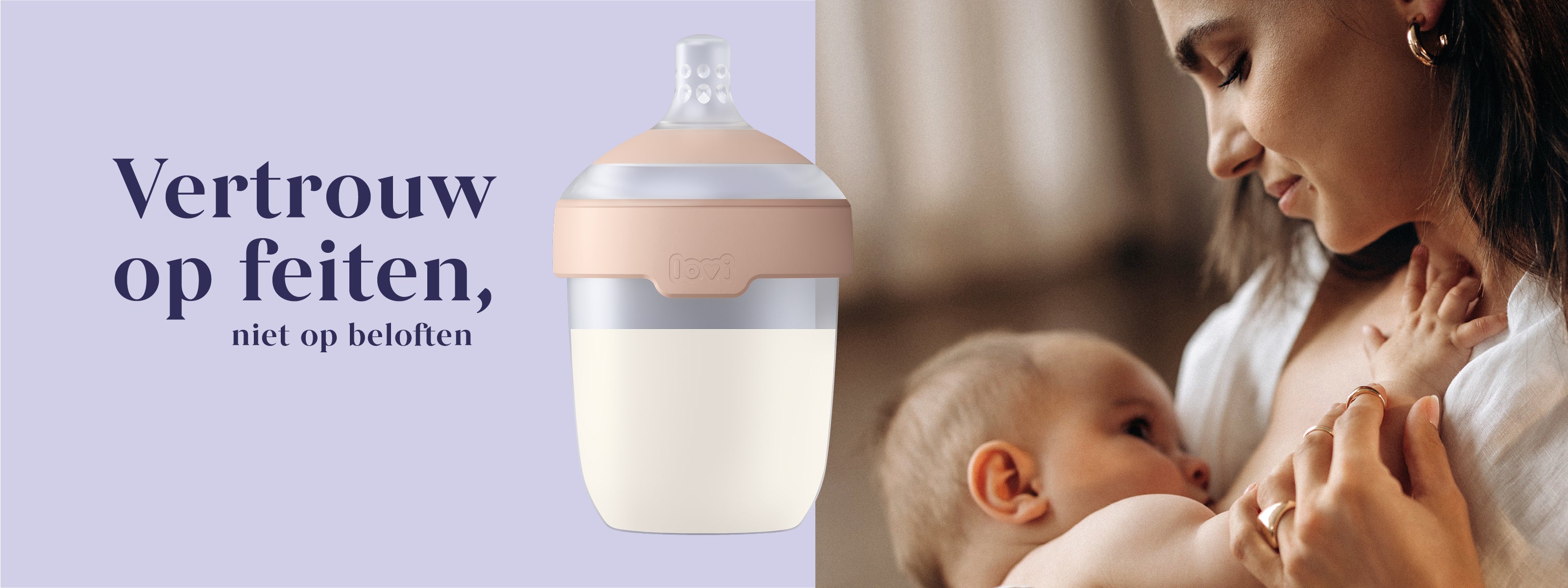 Moeder die baby borstvoeding geeft naast Lovi Mammafeel babyfles op lichtpaarse achtergrond met tekst 'Vertrouw op feiten, niet op beloften