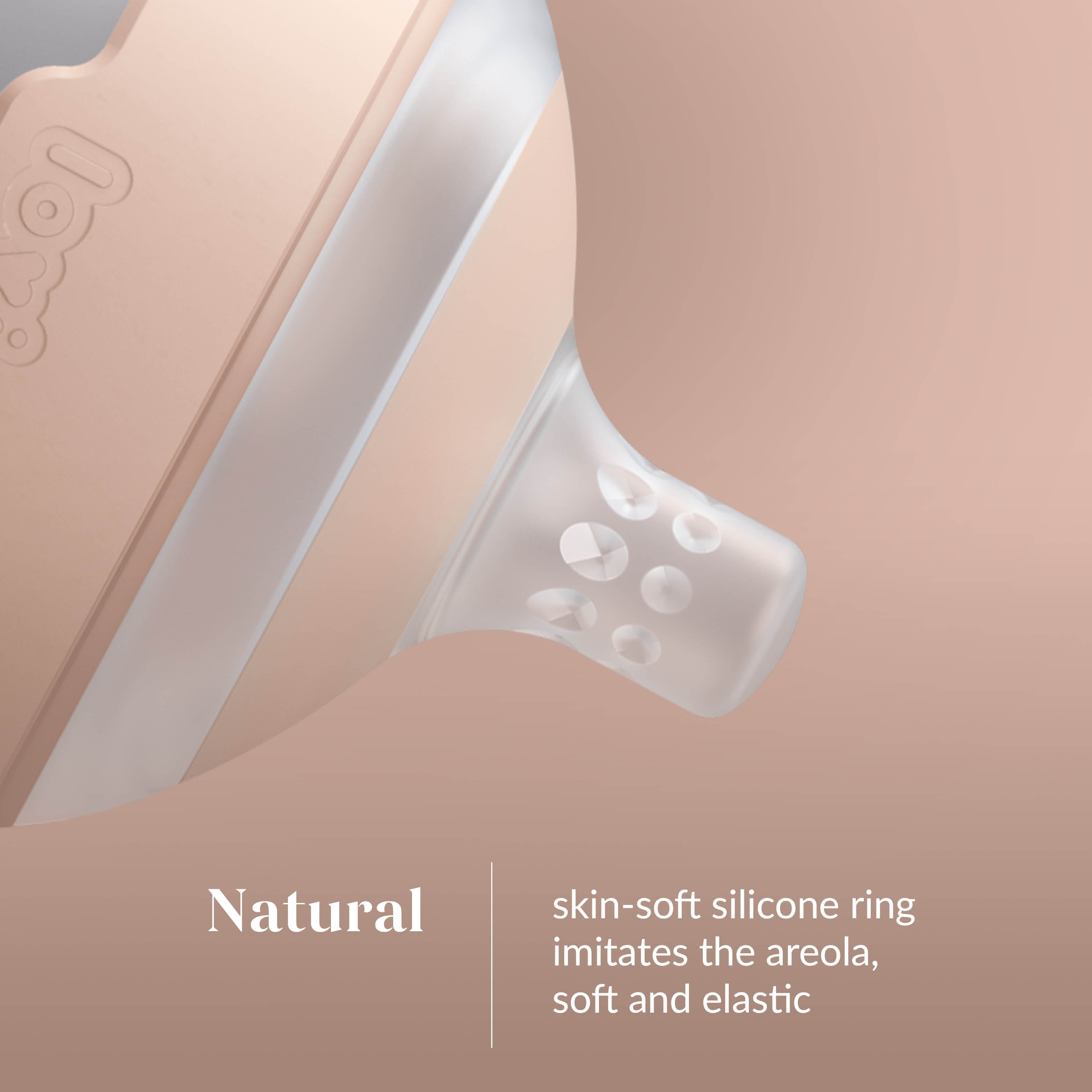 Close-up van Lovi flesspeen met huidzachte siliconenring met ventilatiegaatjes die het natuurlijke gevoel van de tepelhof imiteert.