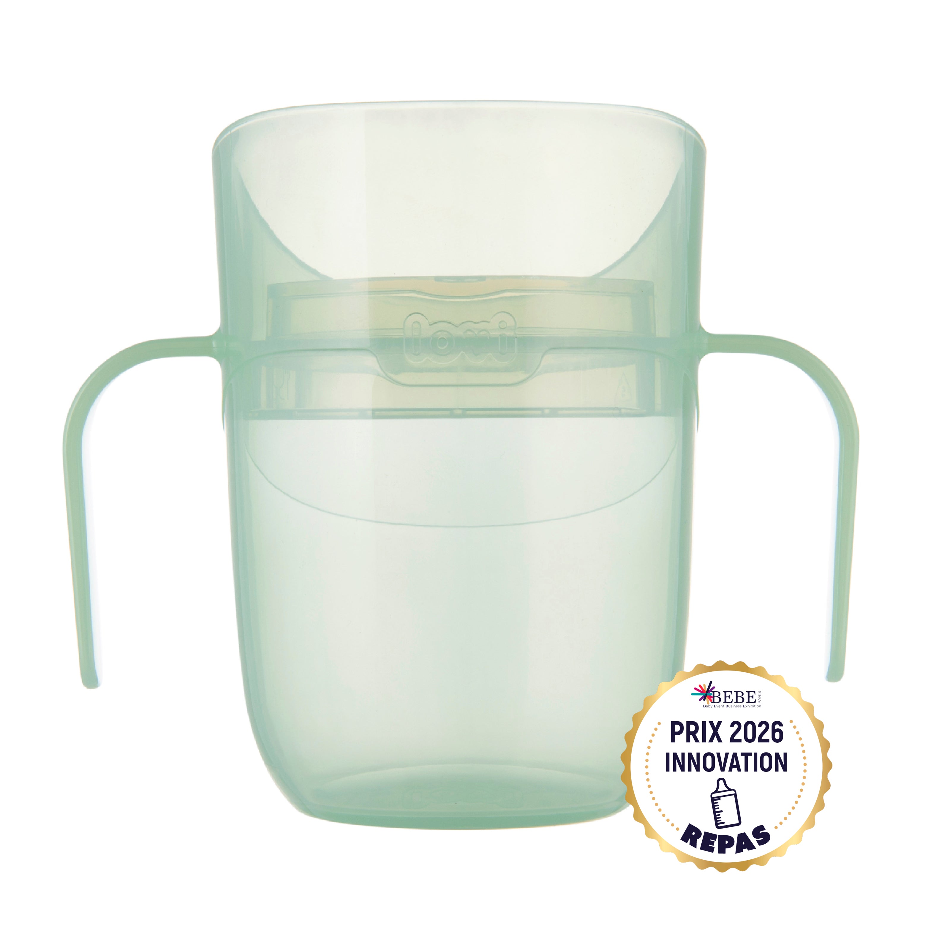 Difrax LOVI Genius Cup in de kleur Pistachio met Prix 2026 Innovation Award, ideaal voor kinderen vanaf 6 maanden om zelfstandig te leren drinken. Voorzien van slow-flow inzetstuk, ergonomische handvatten en ontworpen voor een natuurlijke, veilige drinkhouding.